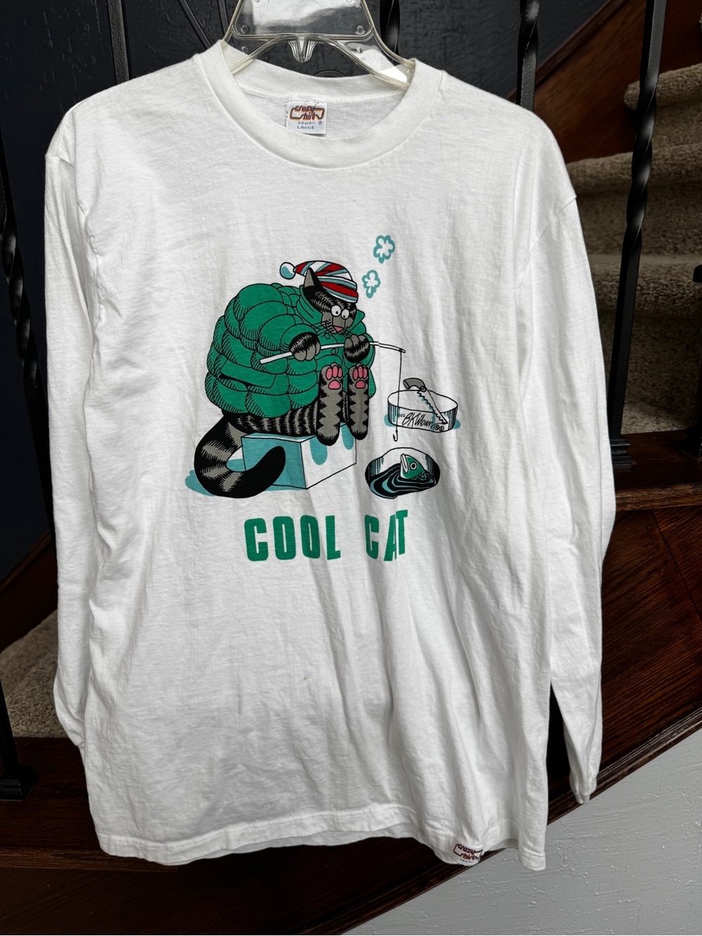 Cool Cat B. Kliban Ice Fishing Long Sleeve Crazy Shirts - Vintage Hawaii Large